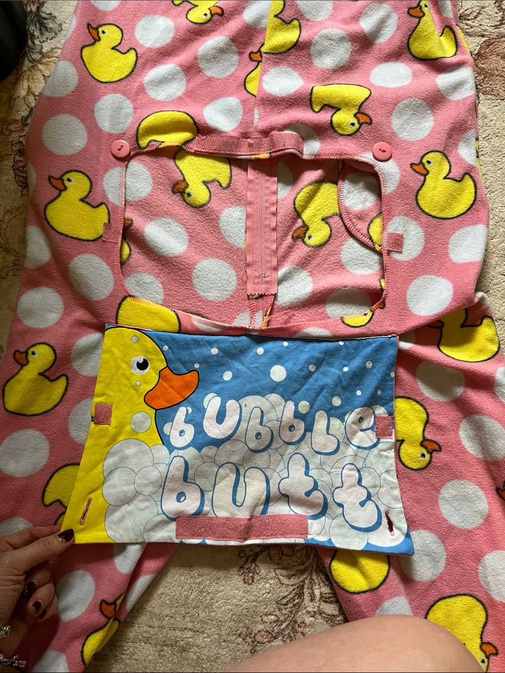 adult pink Duck Print One-Piece Pajamas bubble butt